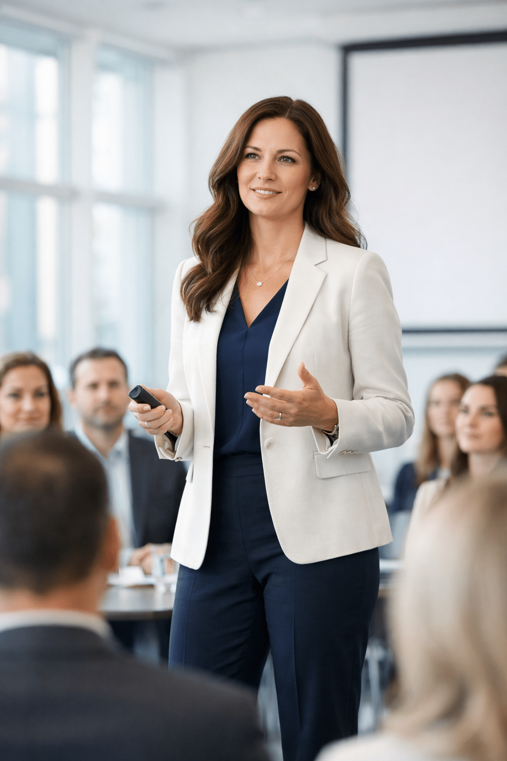 Photorealistic corporate editorial hero image of a confident white business woman in her 40s speaking to a room full of people at a professional event, long brown wavy hair, poised stance, modern business attire, bright conference room, attentive audience slightly out of focus, natural light, polished professional atmosphere