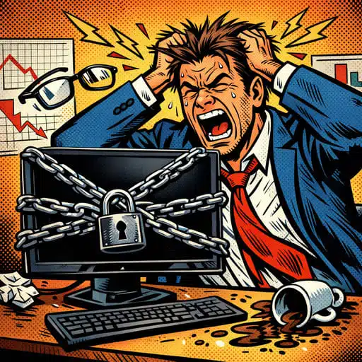 businessman pulls his hair in frustration as his emails are blacklisted. the computer is black and has a chain and padlock.
