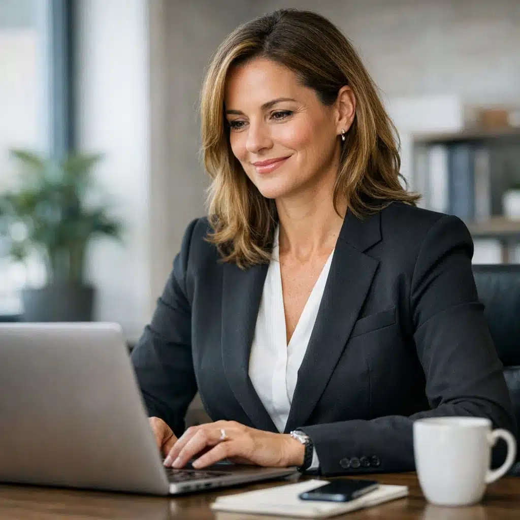 a business woman is satisfied at her laptop because her email campaign is ethical.