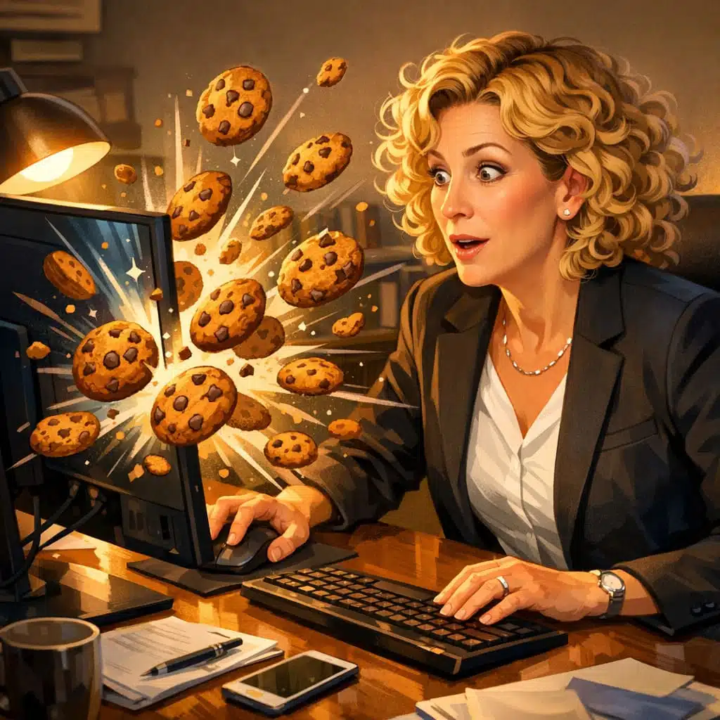 Depiction of computer cookies flying out of the monitor
